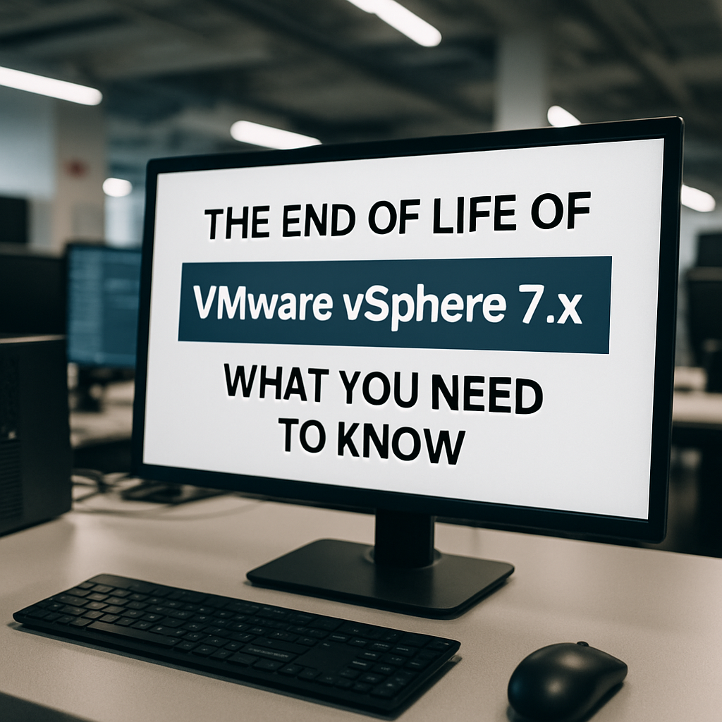 Screen display with "The End of Life of VMware vSphere 7.x: What You Need to Know"
