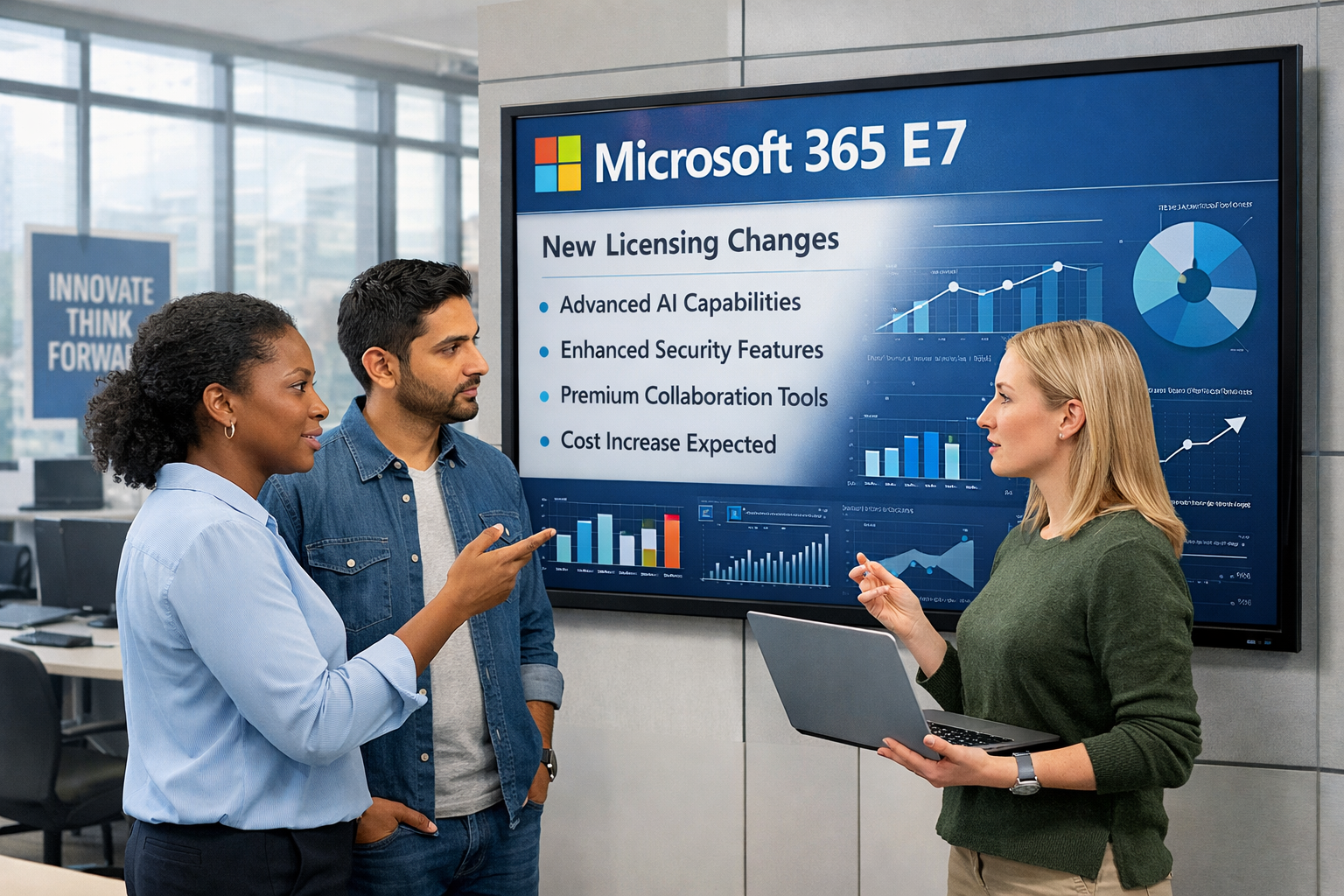 The image shows office space, filled with bright light. In the foreground, a diverse group of IT leaders, including men and women, are engaged in a dynamic discussion around a TV screen displaying graphs, charts, and AI-related icons, illustrating Microsoft licensing updates and strategic plans. One screen prominently features the new Microsoft 365 E7 logo. 
