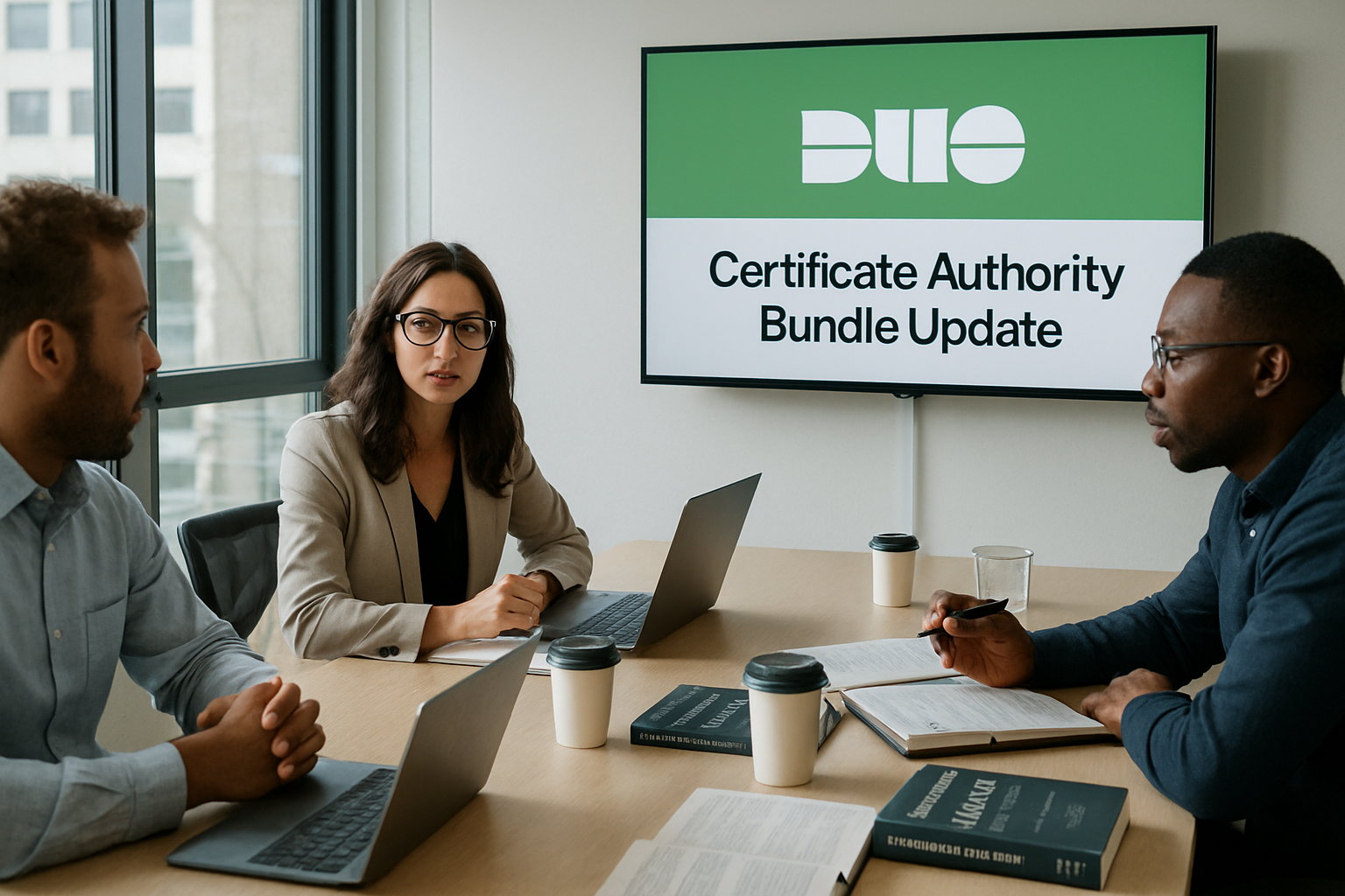 A group of three people sit around a conference table with laptops, notebooks, and coffee cups. On the wall-mounted screen behind them, a presentation slide displays the Duo logo and the text “Certificate Authority Bundle Update.” The setting appears to be a modern office with large windows.